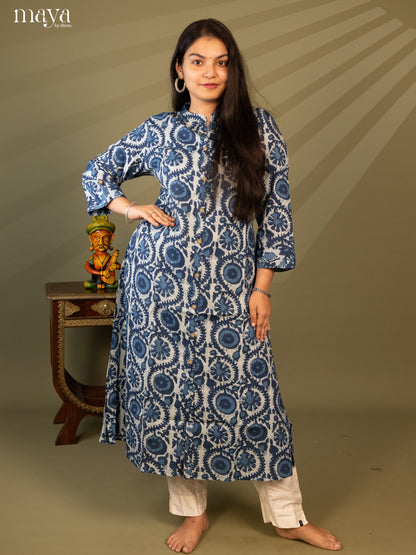 Blue Cotton Floral Print Kurti With Kantha Work