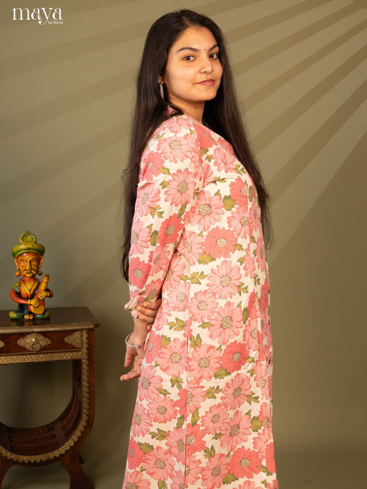 Cream Cotton Floral Print With Kantha Work