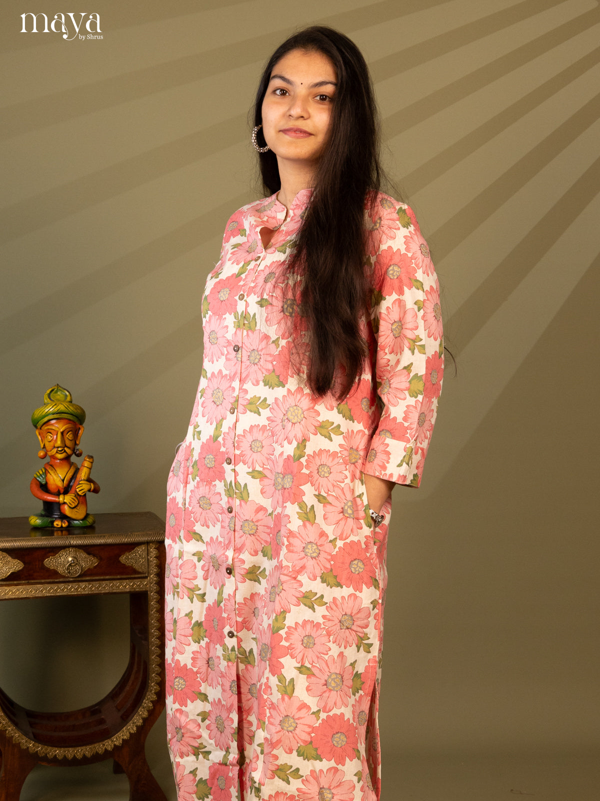 Cream Cotton Floral Print With Kantha Work