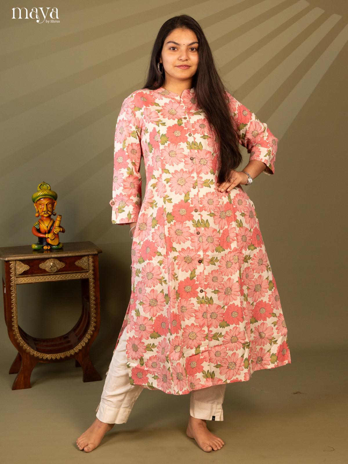 Cream Cotton Floral Print With Kantha Work