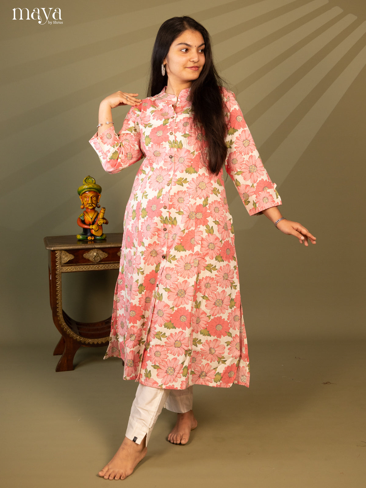 Cream Cotton Floral Print With Kantha Work