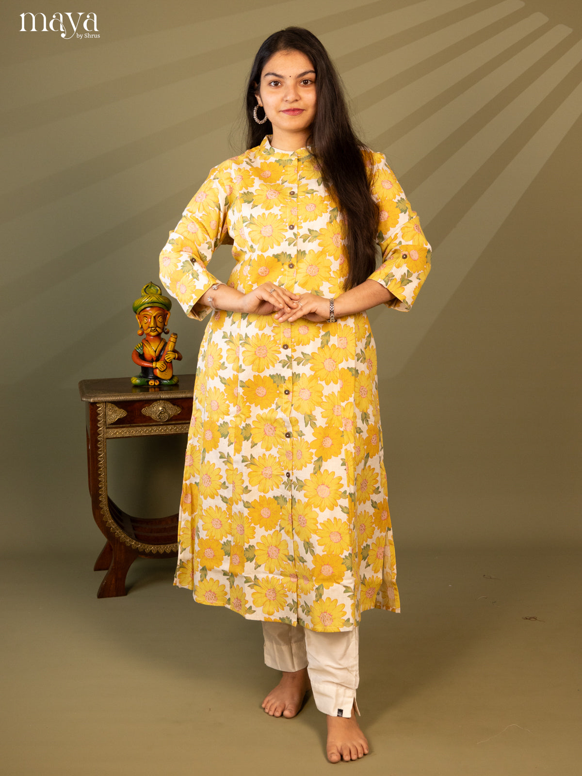 Floral Printed Cream Cotton Kurti