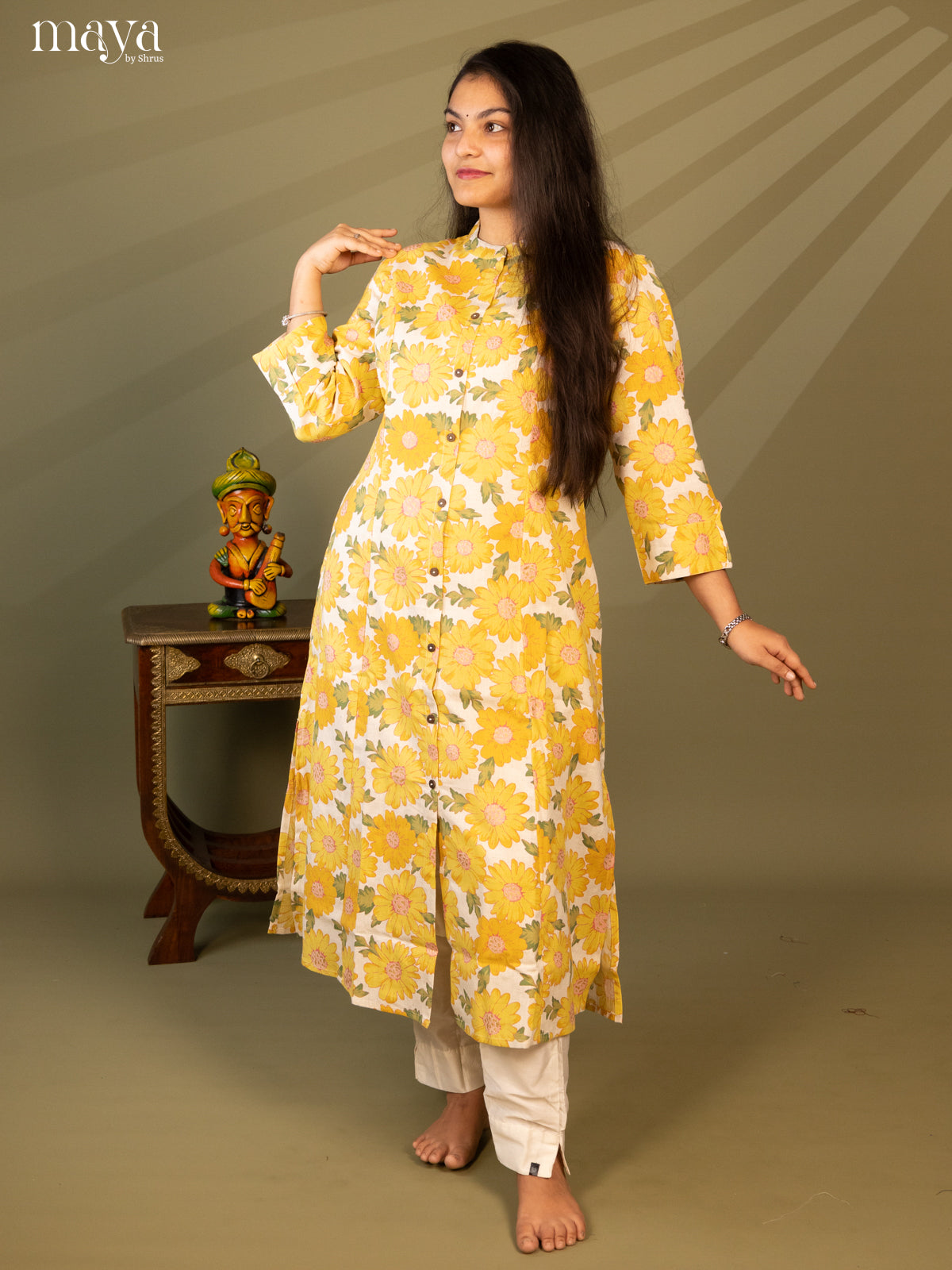 Floral Printed Cream Cotton Kurti