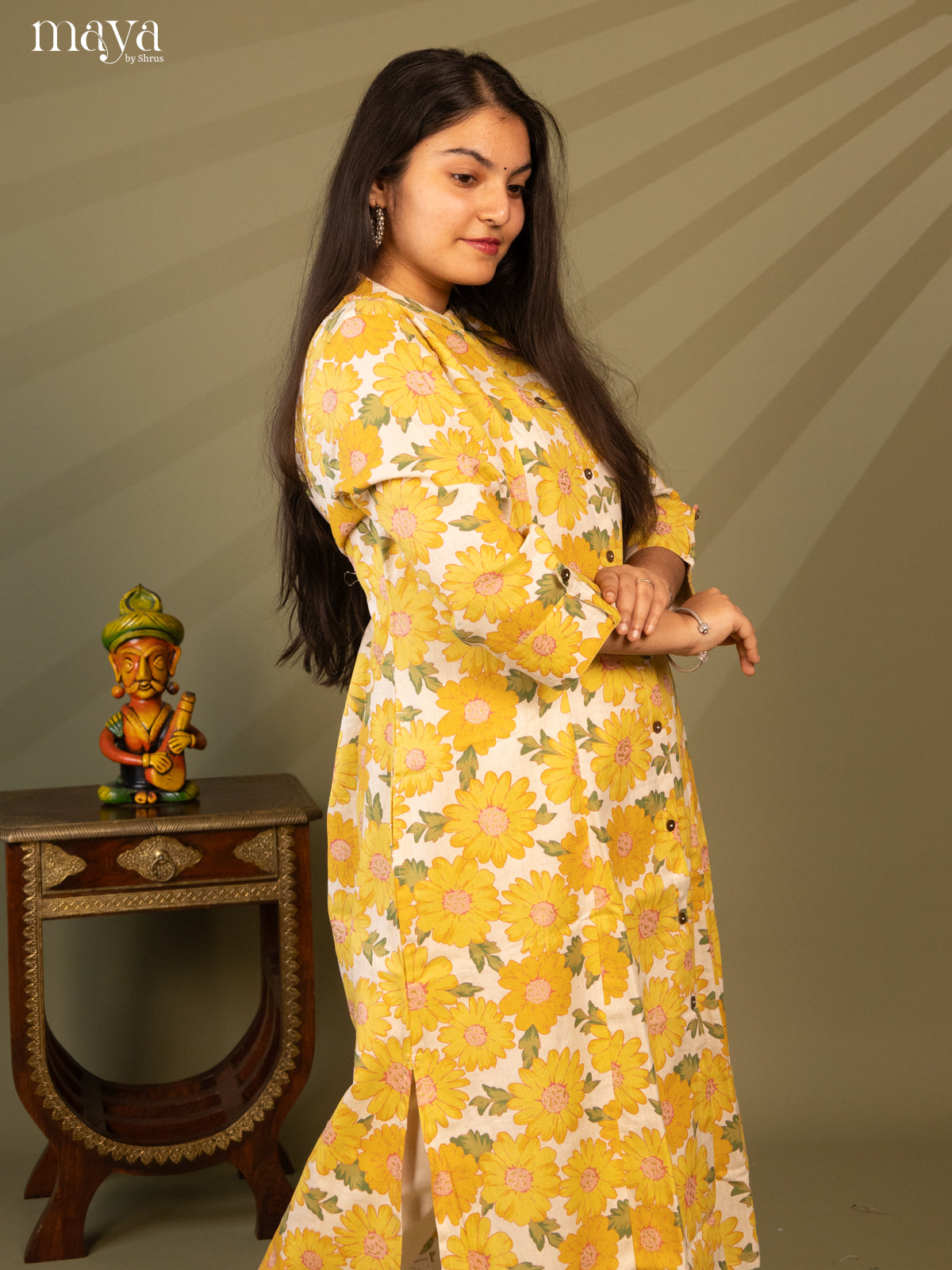 Floral Printed Cream Cotton Kurti