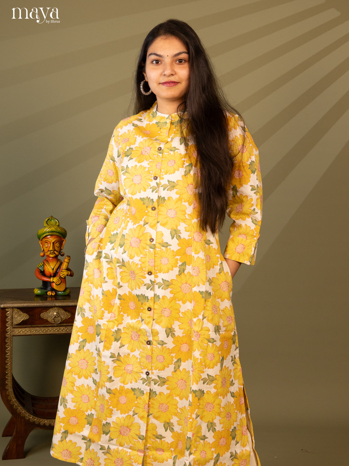 Floral Printed Cream Cotton Kurti