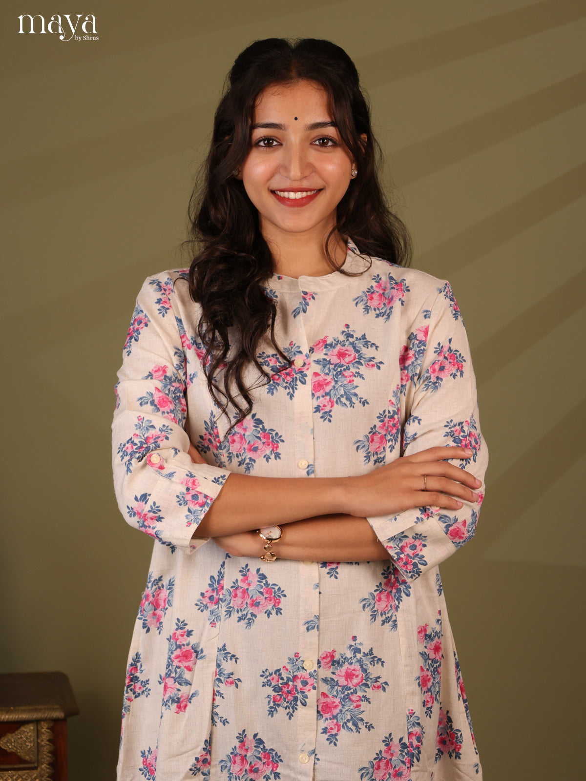 Floral Printed Cream Cotton Kurti