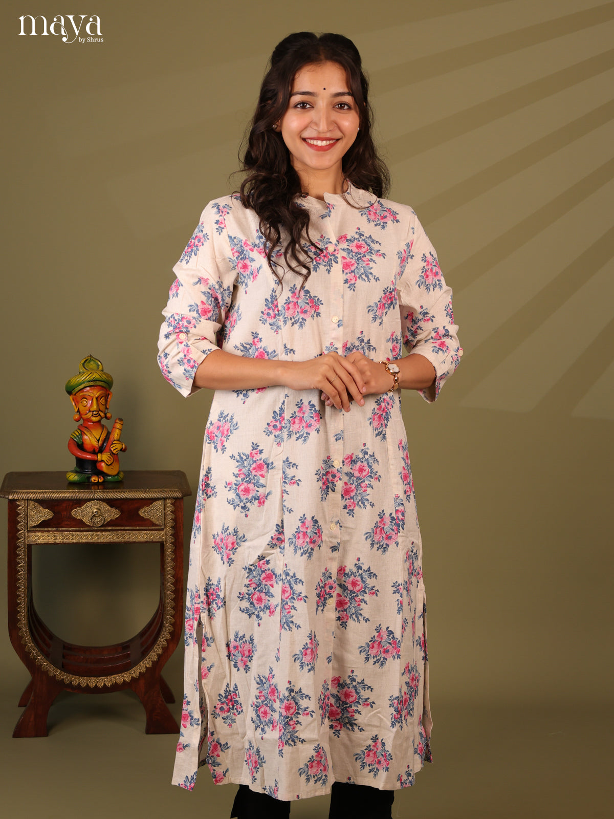Floral Printed Cream Cotton Kurti