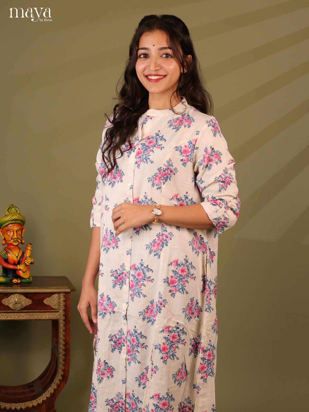 Floral Printed Cream Cotton Kurti