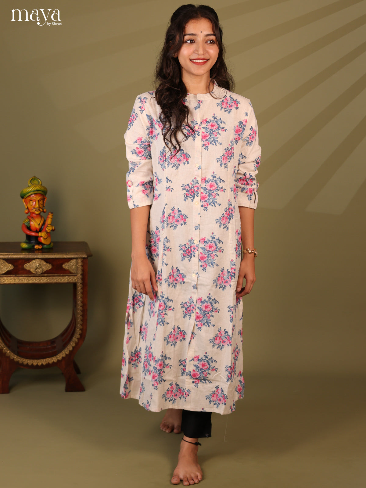 Floral Printed Cream Cotton Kurti