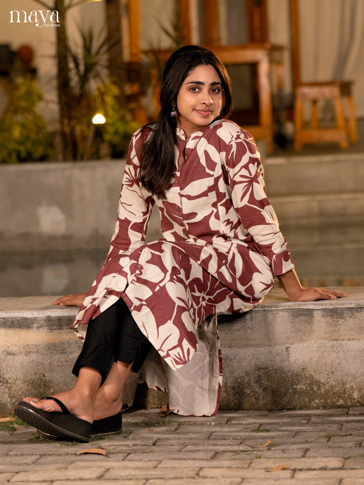 Cream Floral Printed Cotton Kurti