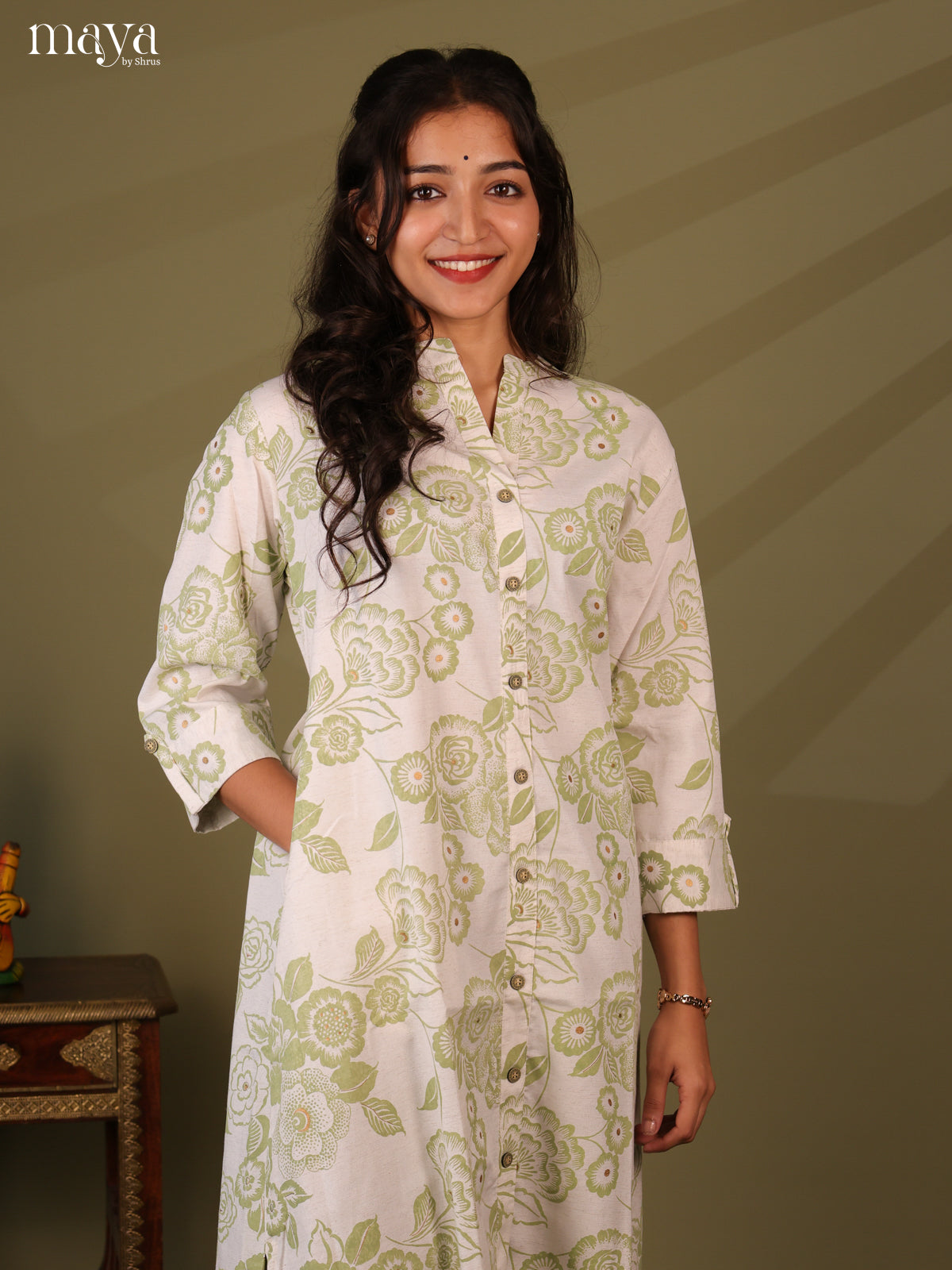 Floral Printed White Cotton Kurti