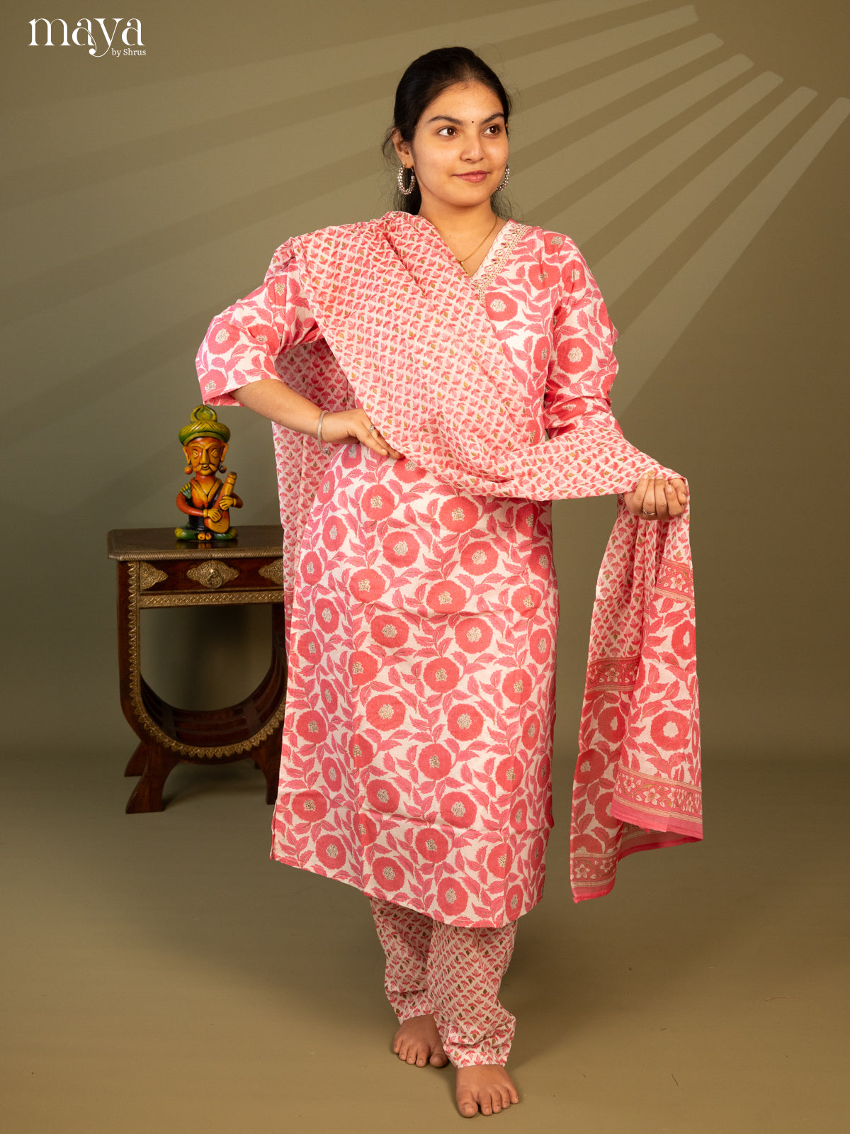 White Cotton 3Pc Salwar Suit with Floral Print - Top, Bottom & Dupatta