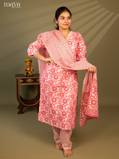 White Cotton 3Pc Salwar Suit with Floral Print - Top, Bottom & Dupatta
