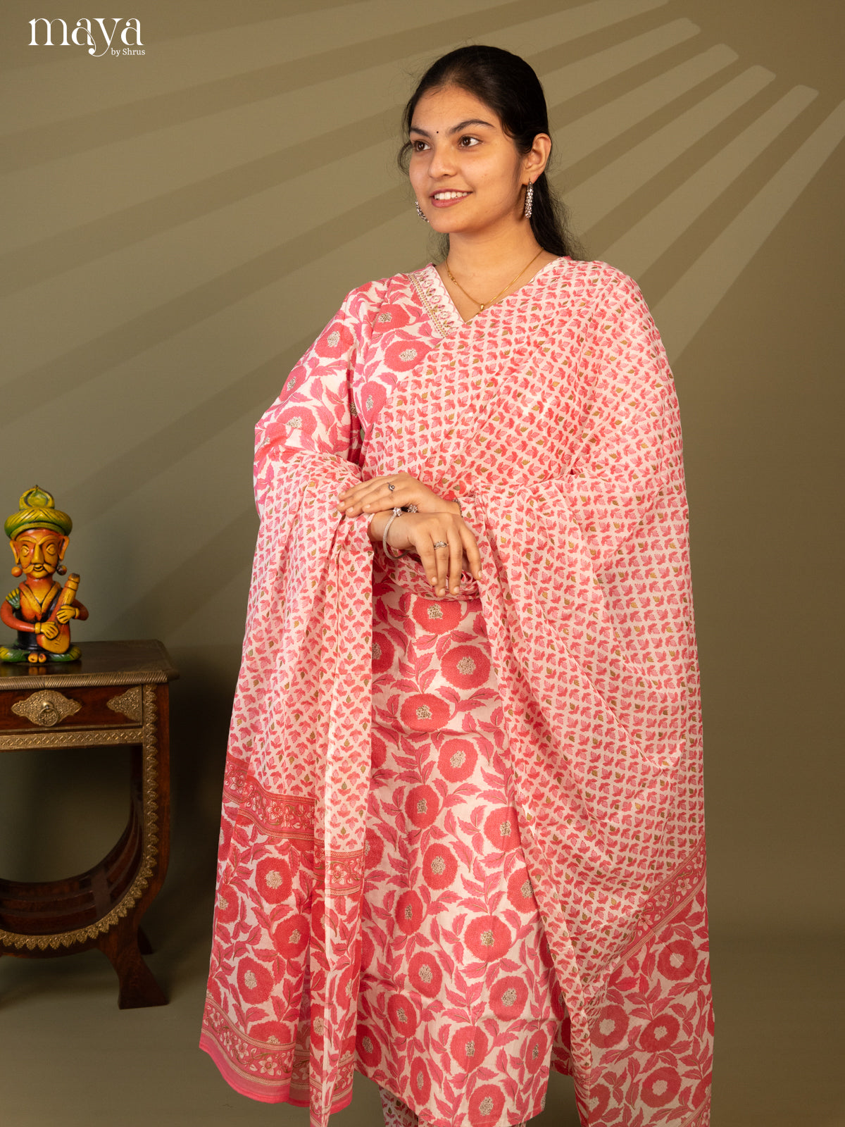 White Cotton 3Pc Salwar Suit with Floral Print - Top, Bottom & Dupatta