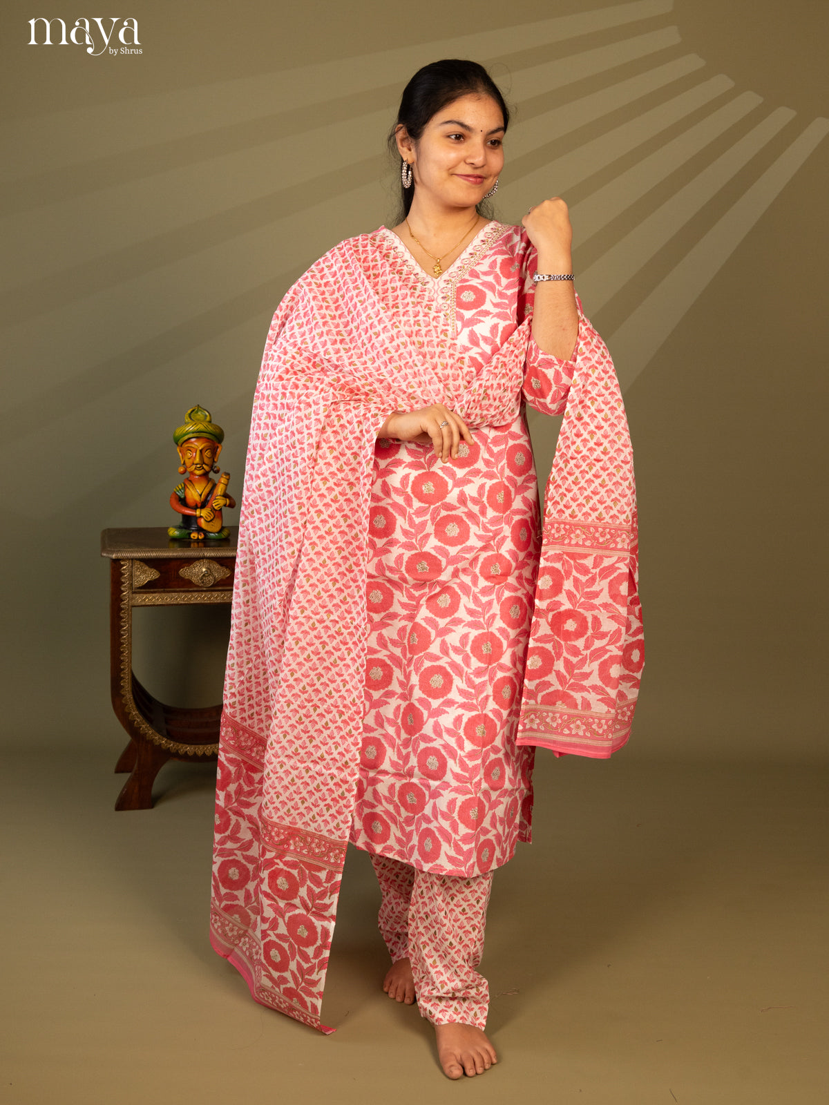 White Cotton 3Pc Salwar Suit with Floral Print - Top, Bottom & Dupatta