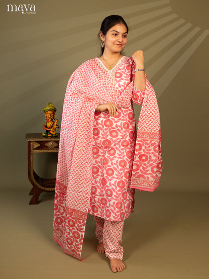 White Cotton 3Pc Salwar Suit with Floral Print - Top, Bottom & Dupatta