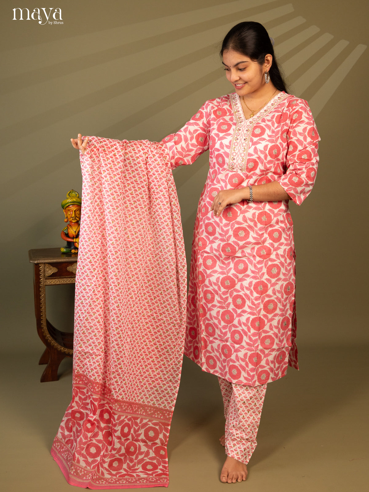 White Cotton 3Pc Salwar Suit with Floral Print - Top, Bottom & Dupatta