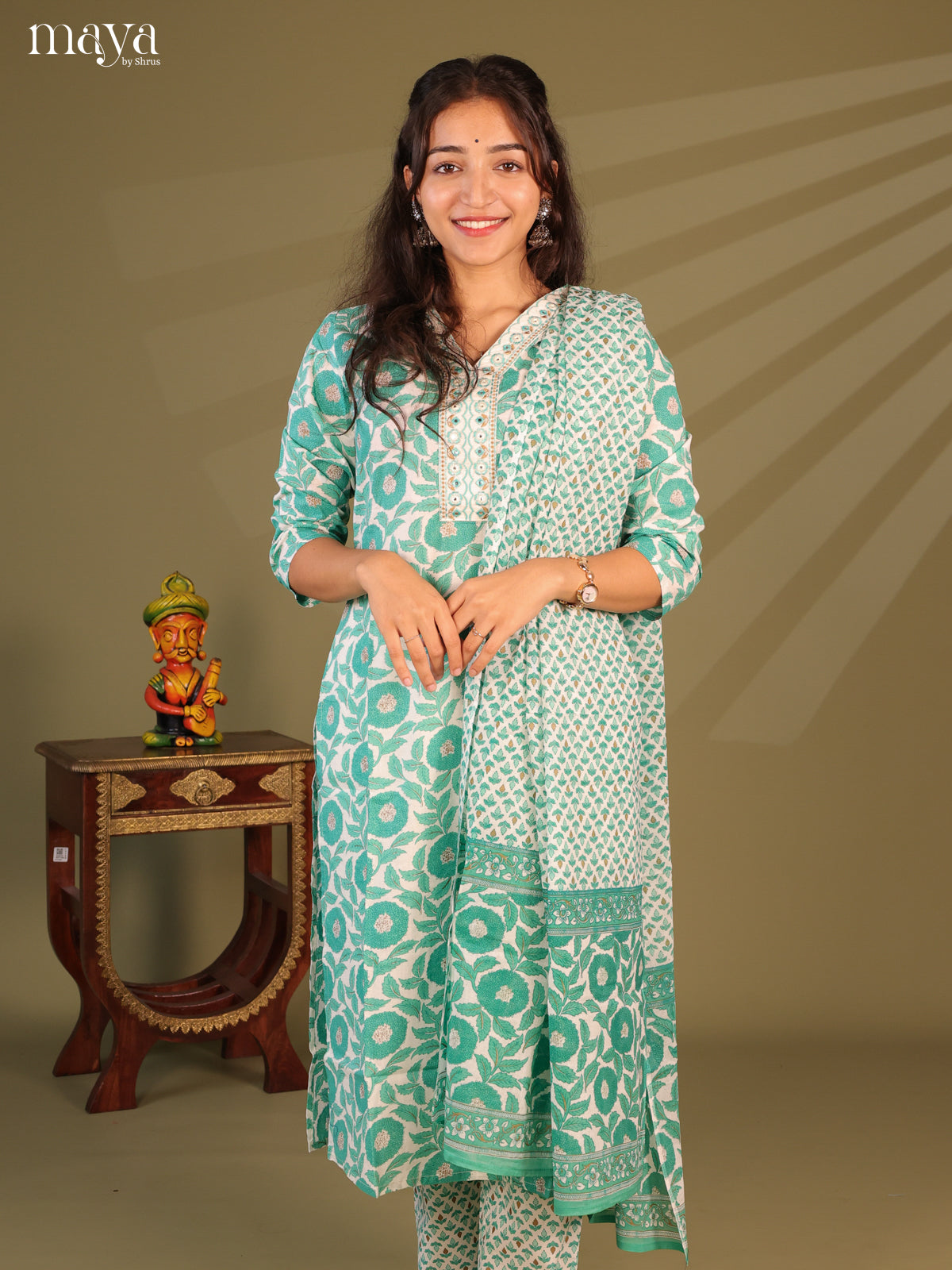 White Cotton 3Pc Salwar Suit with Floral Print - Top, Bottom & Dupatta