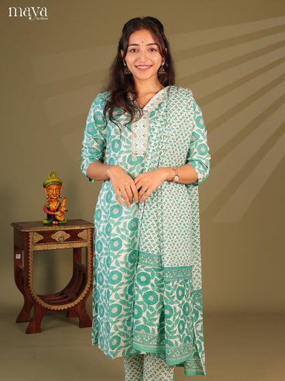 White Cotton 3Pc Salwar Suit with Floral Print - Top, Bottom & Dupatta
