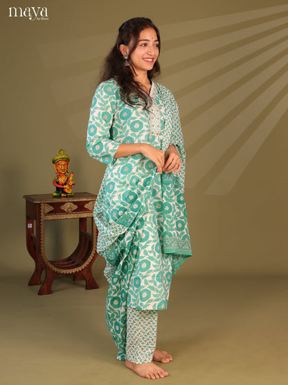 White Cotton 3Pc Salwar Suit with Floral Print - Top, Bottom & Dupatta - Shop on Shrus.com