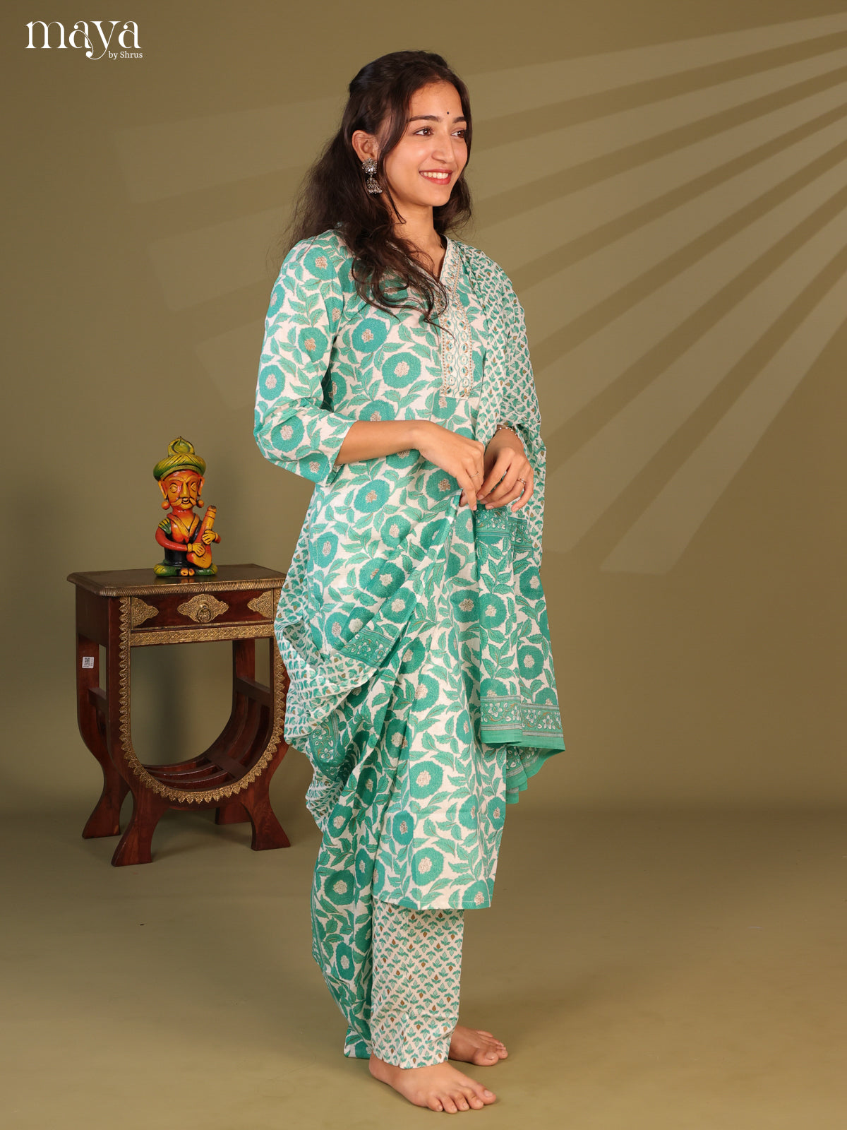 White Cotton 3Pc Salwar Suit with Floral Print - Top, Bottom & Dupatta