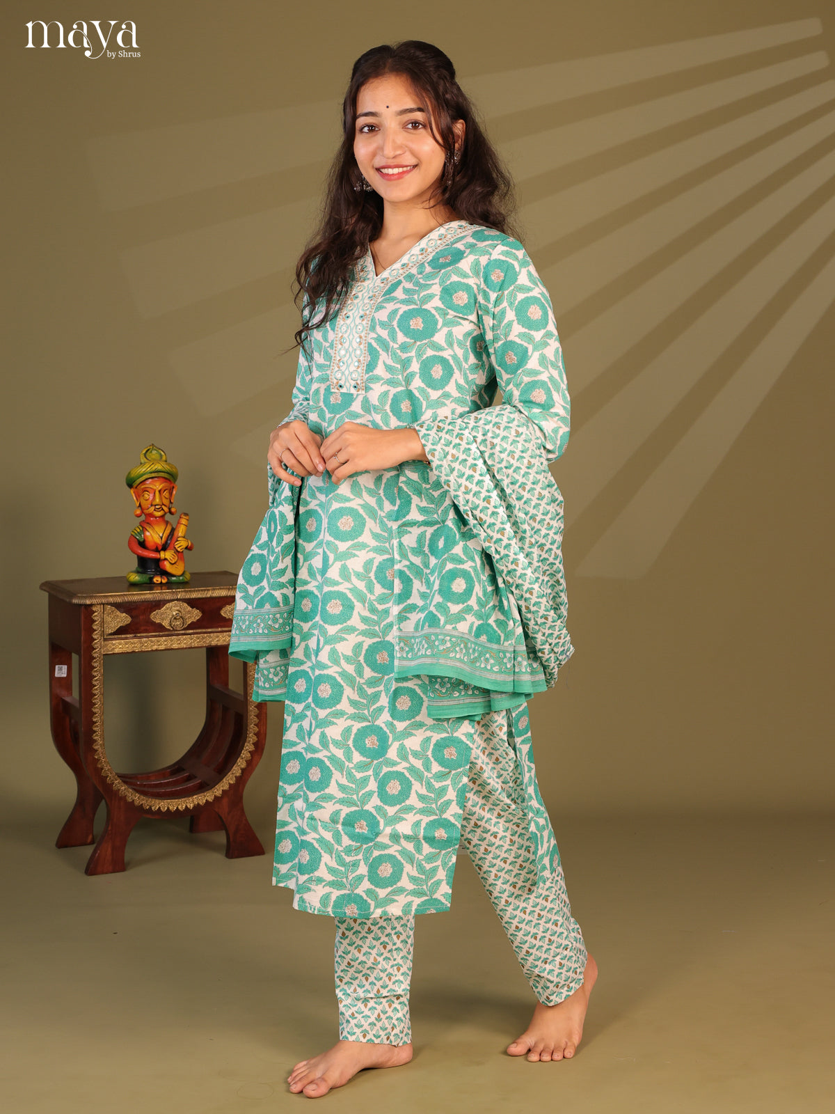 White Cotton 3Pc Salwar Suit with Floral Print - Top, Bottom & Dupatta