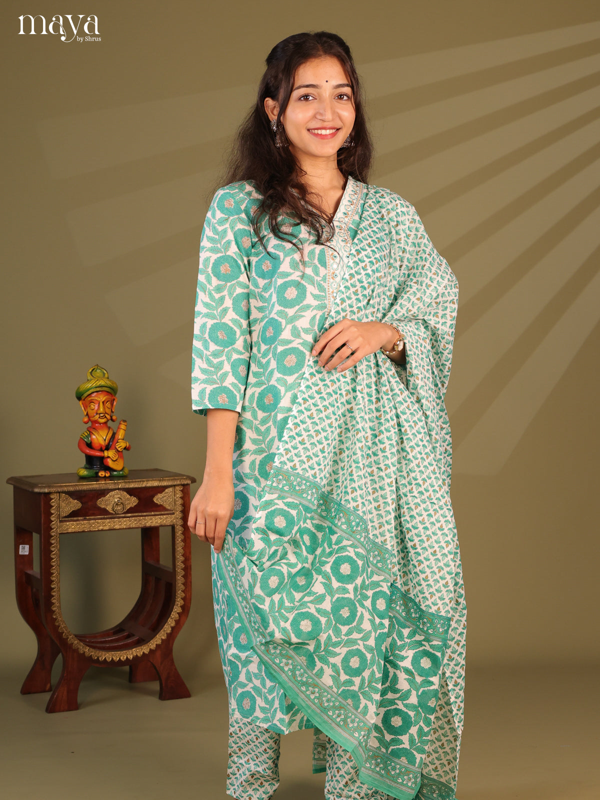 White Cotton 3Pc Salwar Suit with Floral Print - Top, Bottom & Dupatta