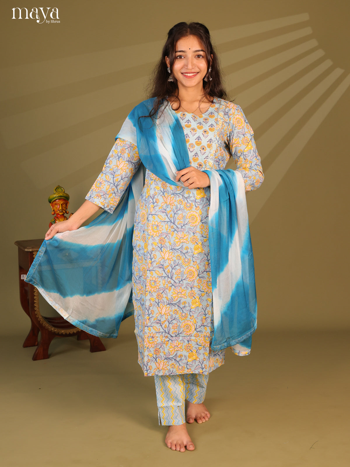 Blue Cotton 3pc Salwar Suit With Floral Print - Top, Bottom & Dupatta