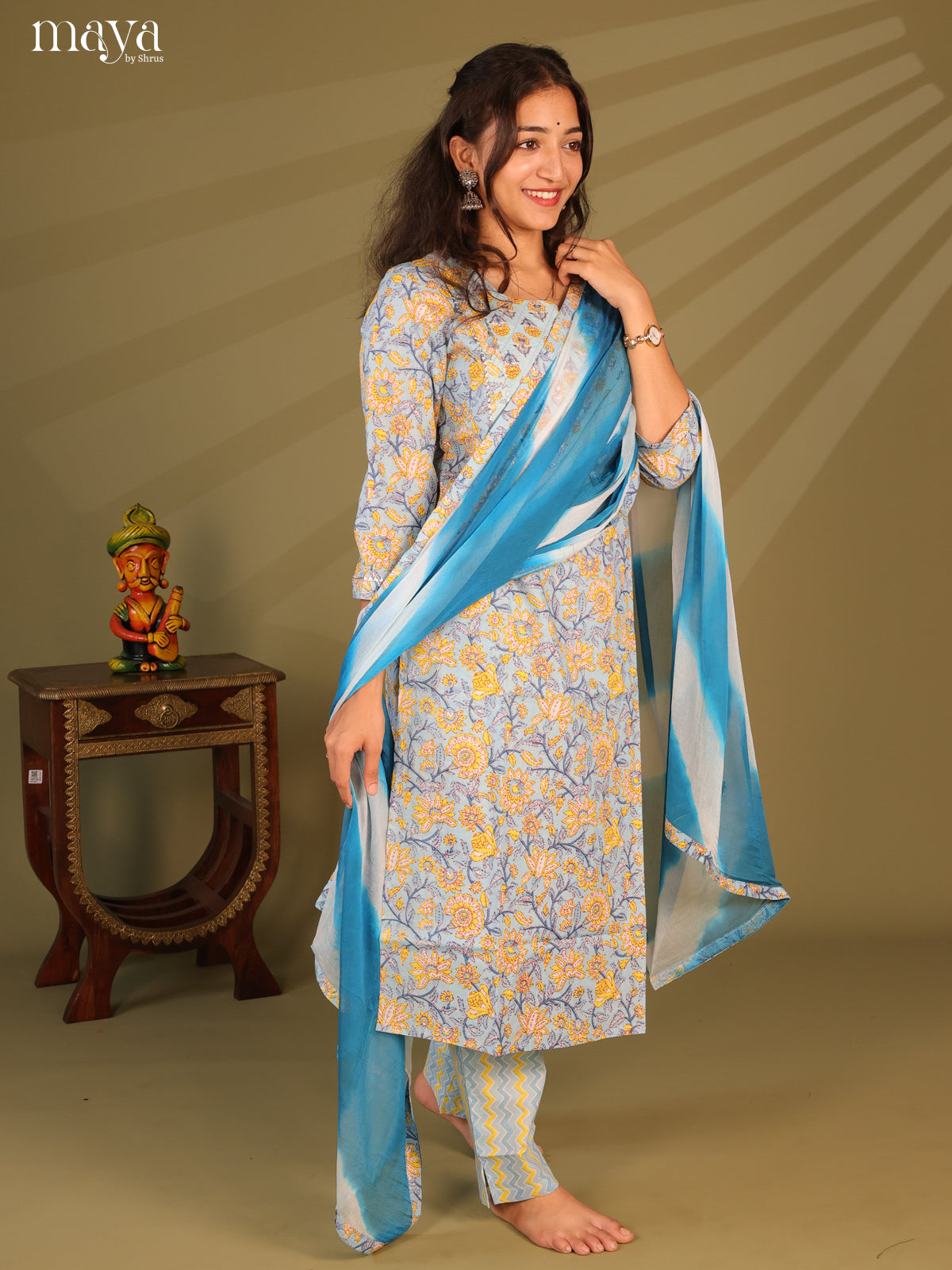 Blue Cotton 3pc Salwar Suit With Floral Print - Top, Bottom & Dupatta
