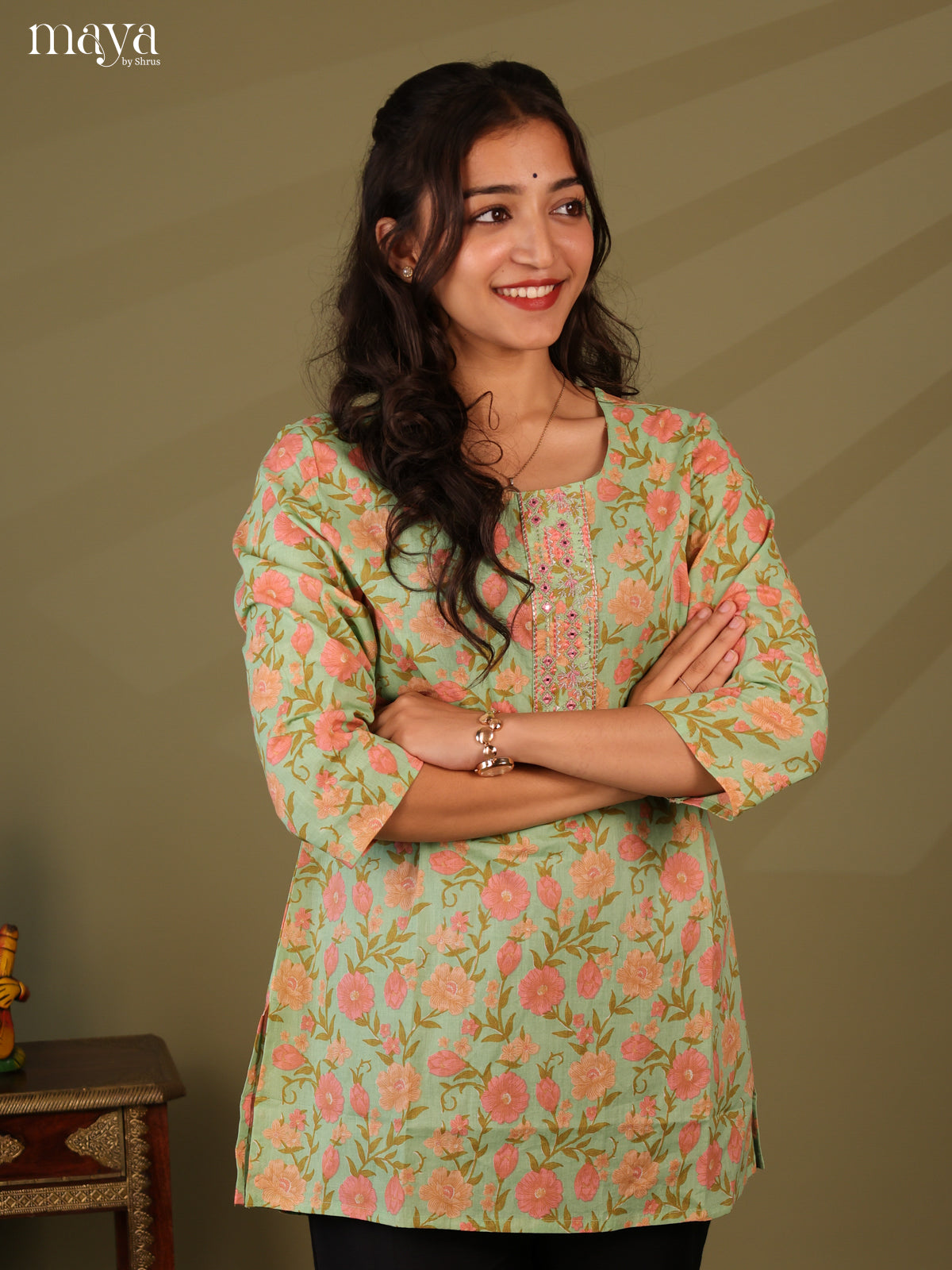 Floral Printed Green Cotton Short Kurti
