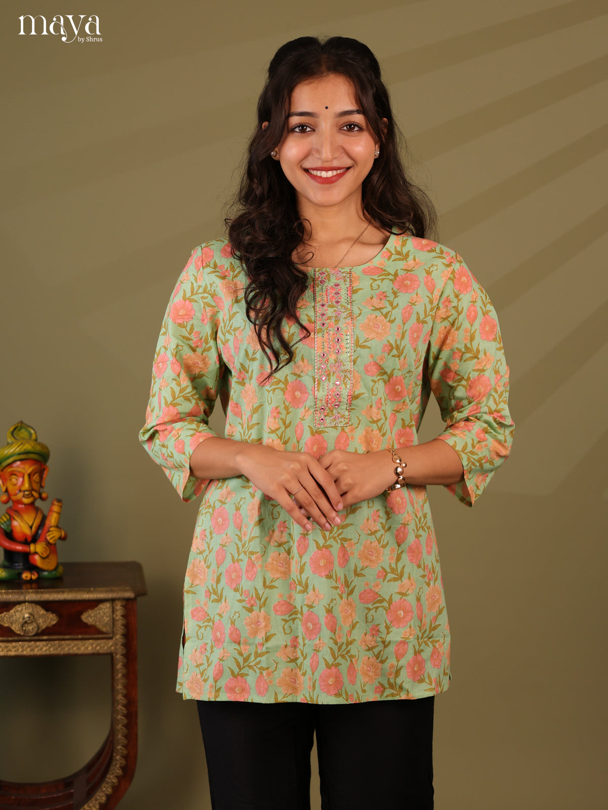 Floral Printed Green Cotton Short Kurti