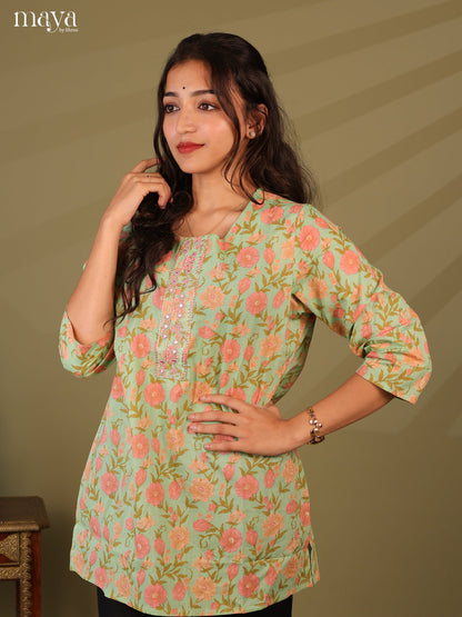 Floral Printed Green Cotton Short Kurti - Shop on Shrus.com