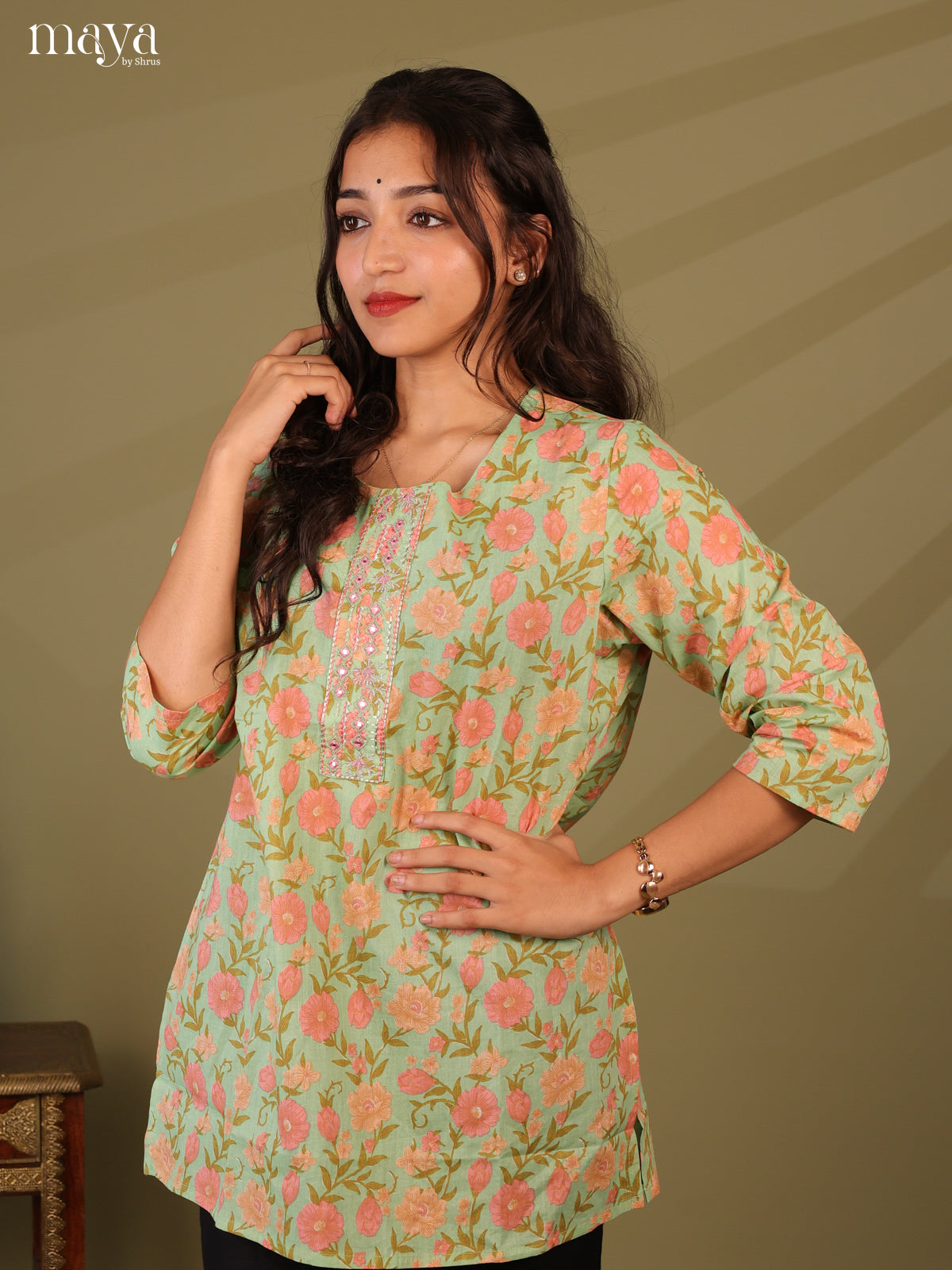 Floral Printed Green Cotton Short Kurti