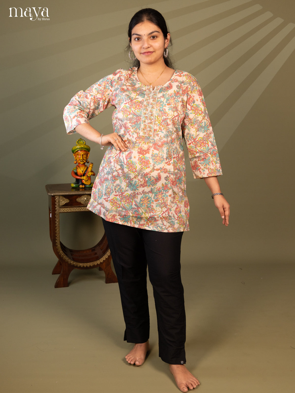 Floral Printed Cream Cotton Short Kurti
