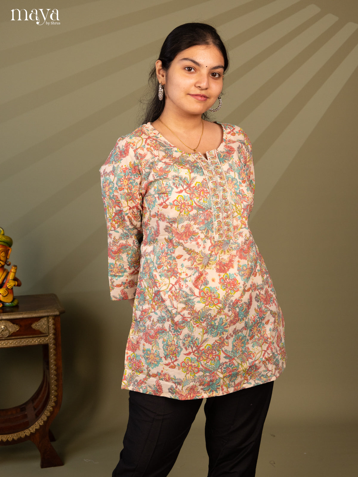 Floral Printed Cream Cotton Short Kurti