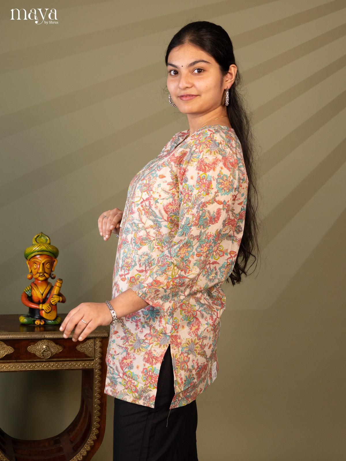 Floral Printed Cream Cotton Short Kurti