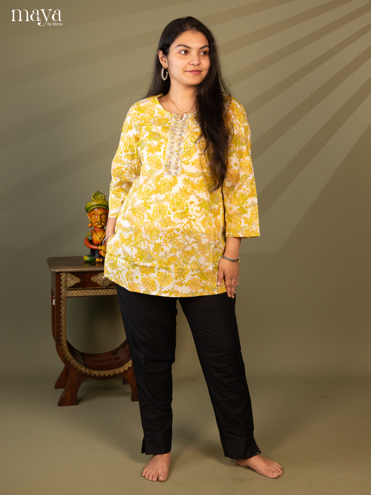 Floral Printed Cream Cotton Short Kurti