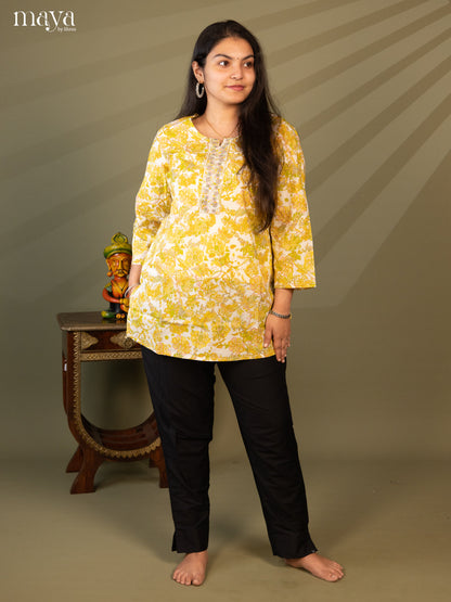 Floral Printed Cream Cotton Short Kurti