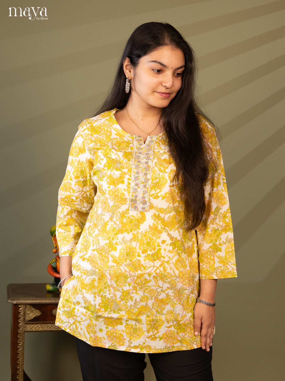 Floral Printed Cream Cotton Short Kurti