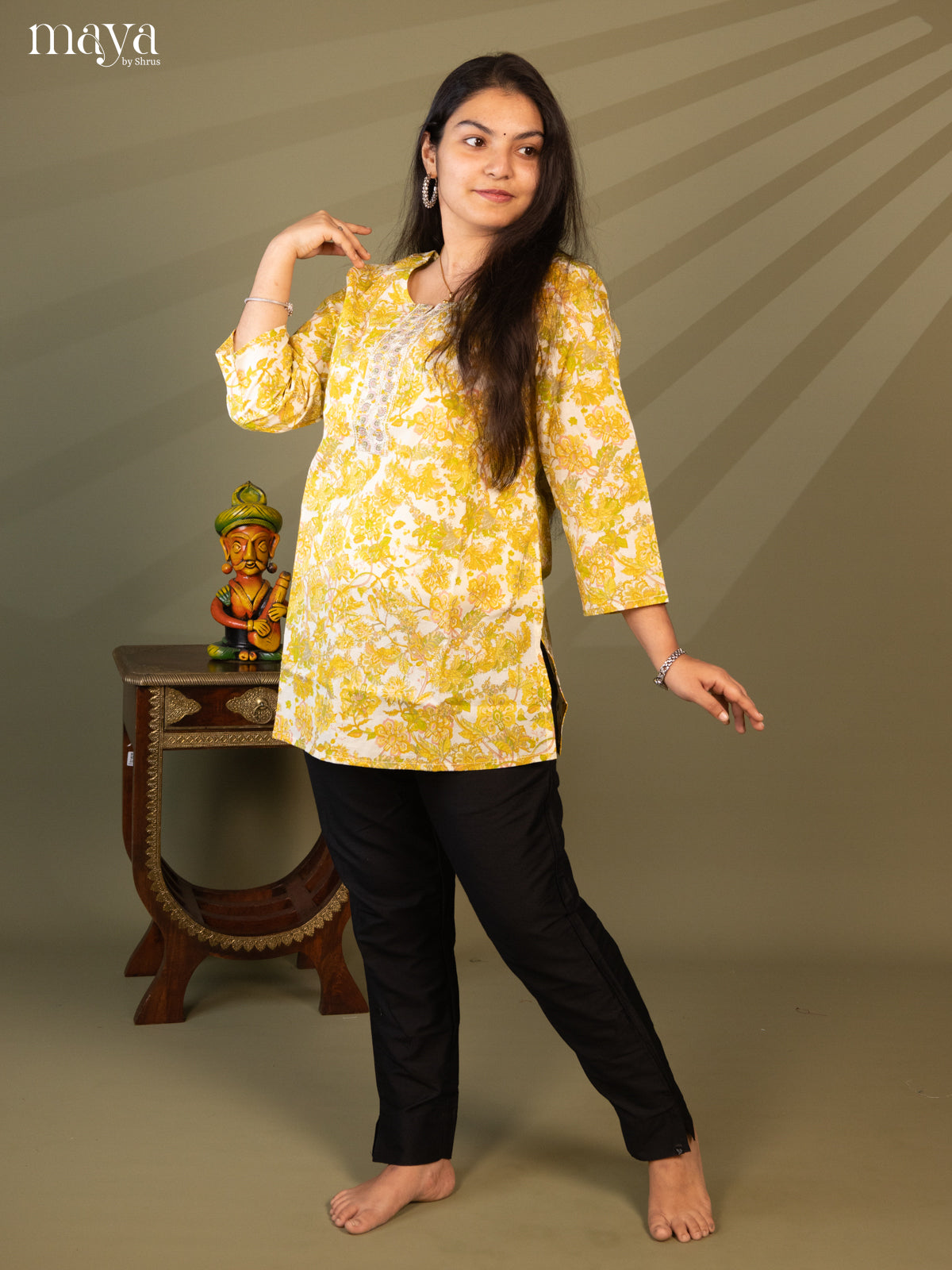 Floral Printed Cream Cotton Short Kurti