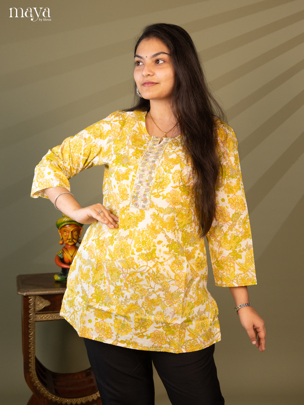 Floral Printed Cream Cotton Short Kurti