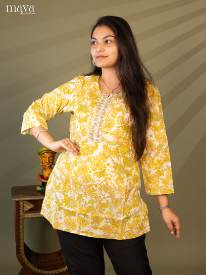 Floral Printed Cream Cotton Short Kurti