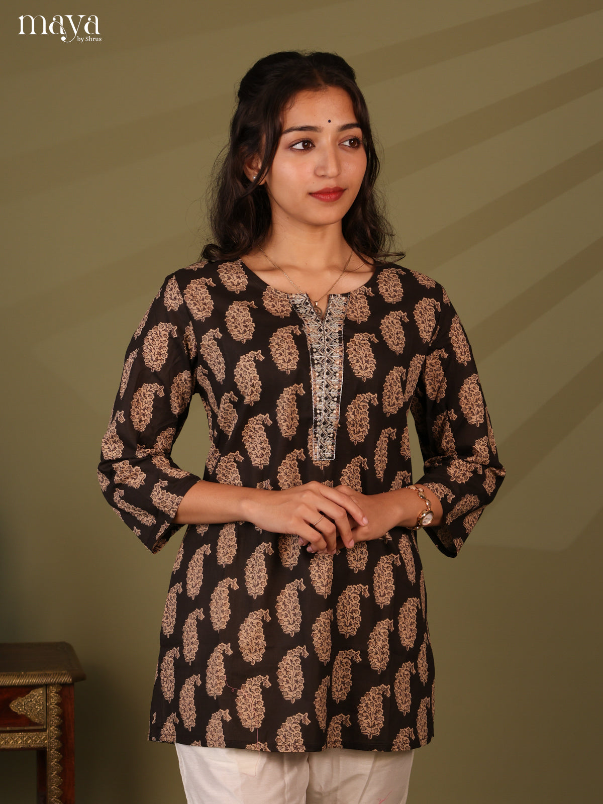 Floral Printed Brown Cotton Short Kurti