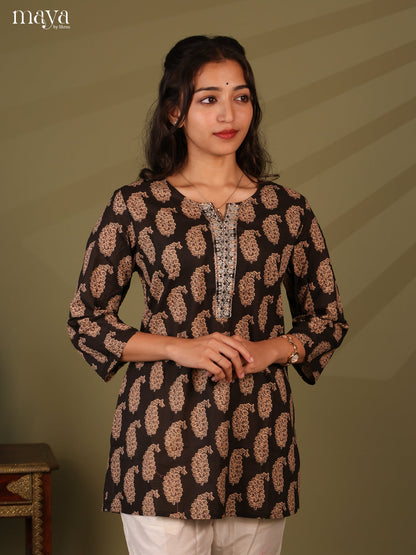 Floral Printed Brown Cotton Short Kurti