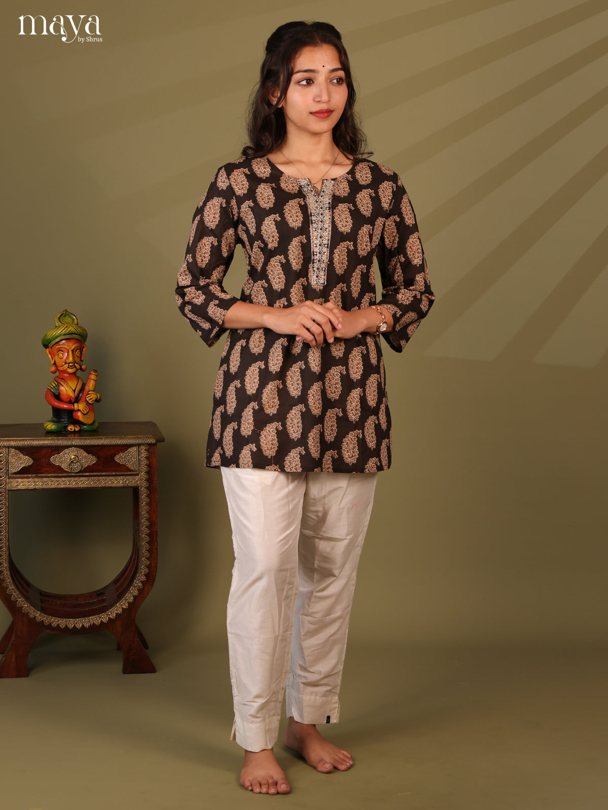 Floral Printed Brown Cotton Short Kurti