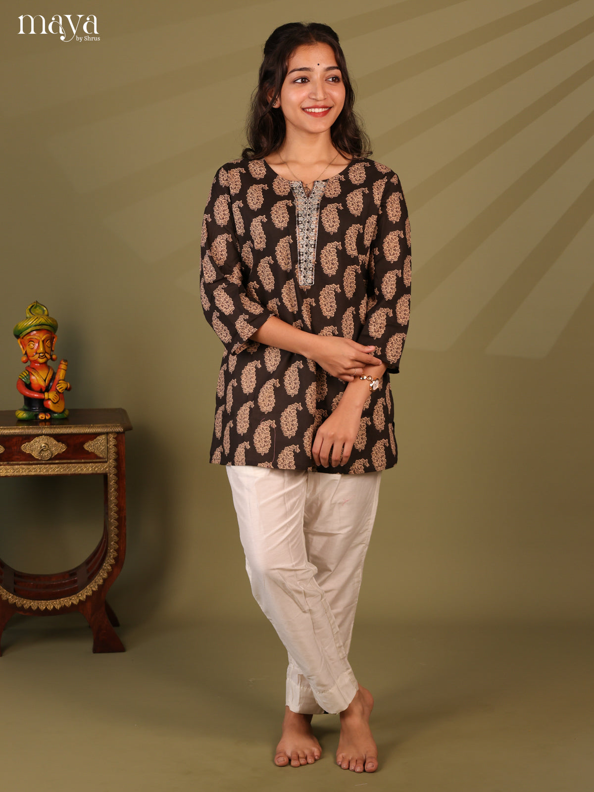 Floral Printed Brown Cotton Short Kurti