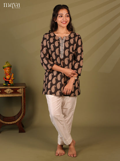 Floral Printed Brown Cotton Short Kurti