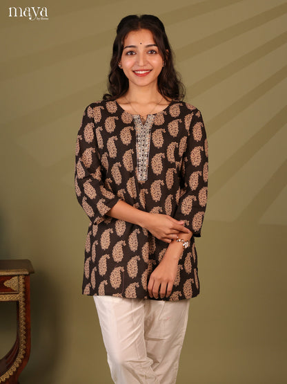 Floral Printed Brown Cotton Short Kurti