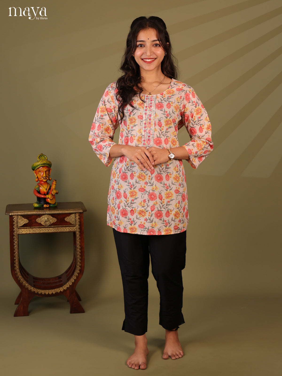 Floral Printed Mauve Cotton Short Kurti