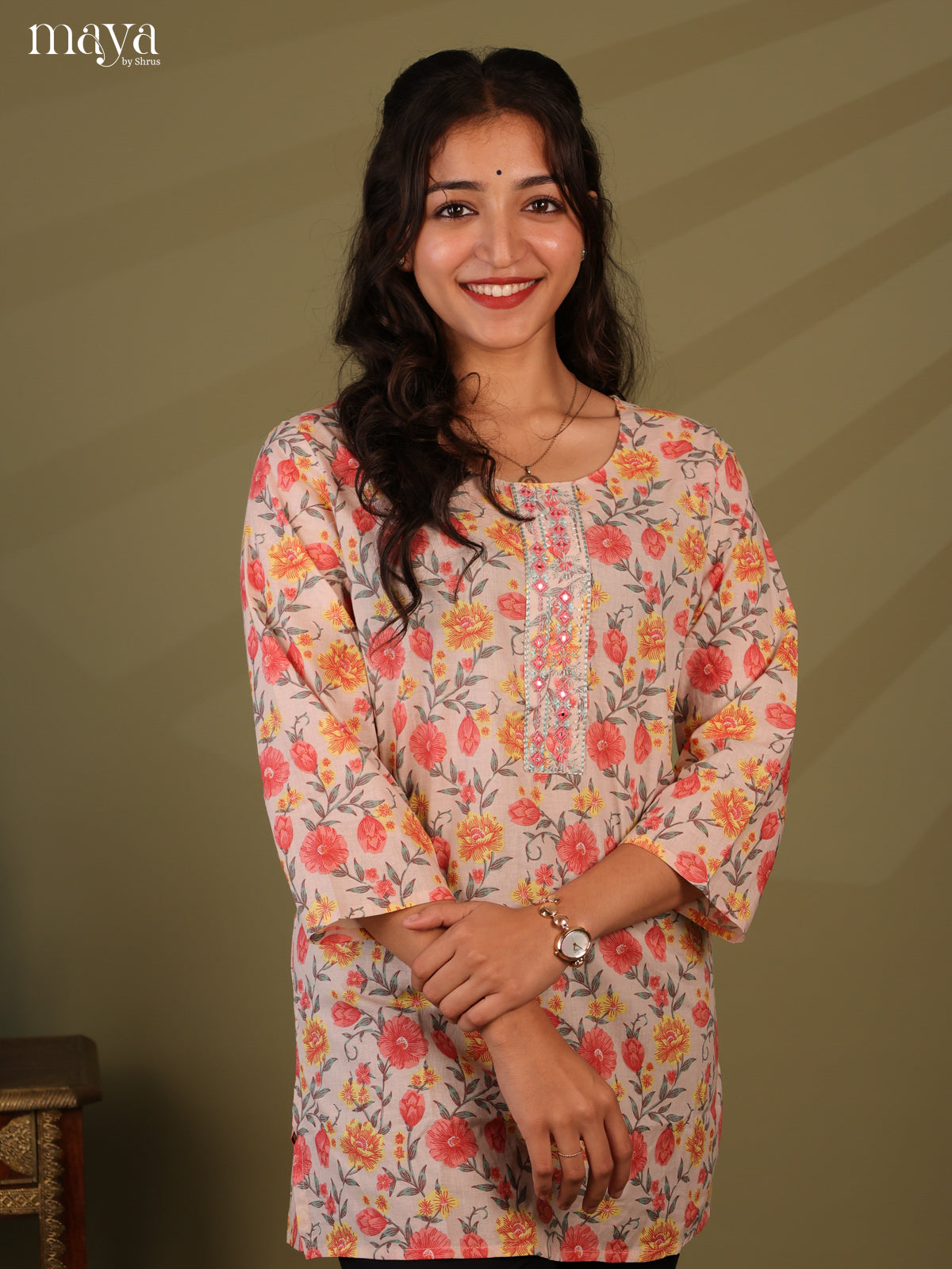 Floral Printed Mauve Cotton Short Kurti
